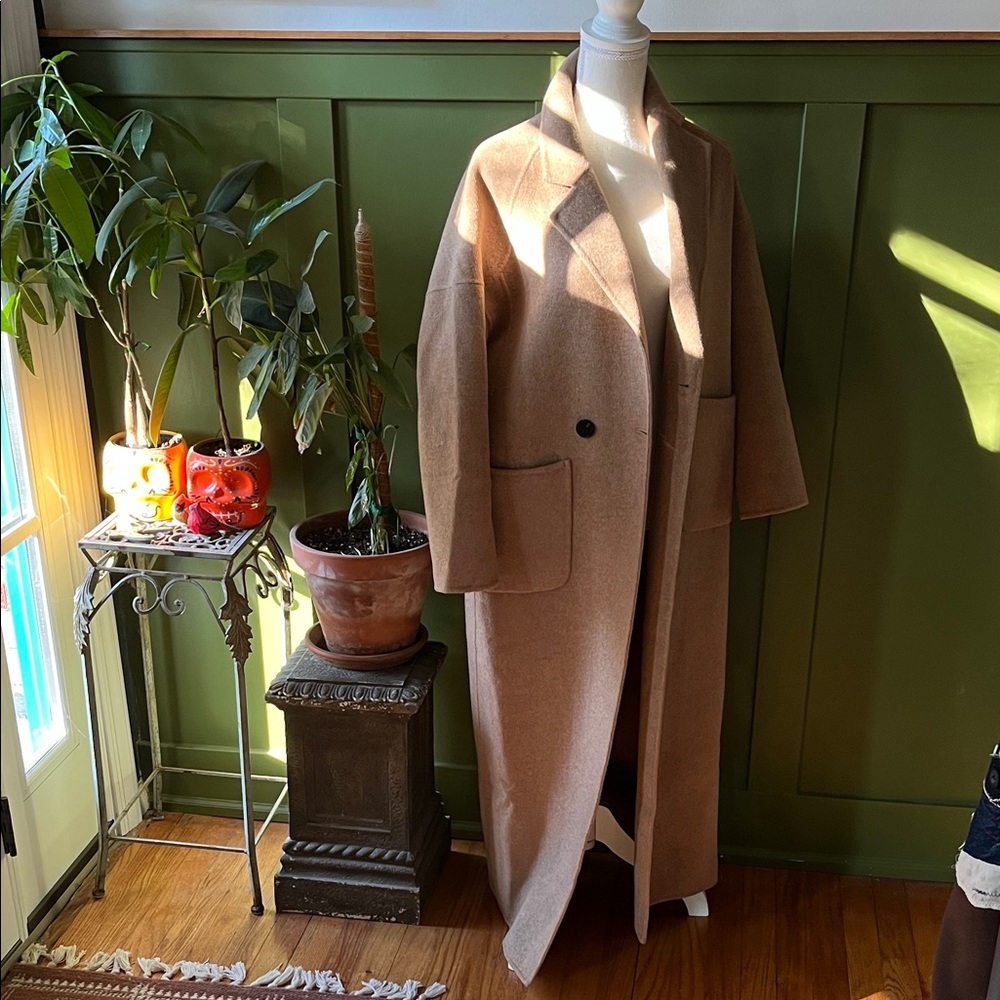 Belle & Bloom Publisher Double Breasted Camel Tan Wool Blend Long Maxi Coat